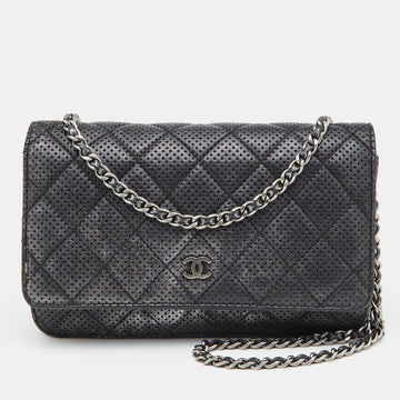 CHANEL Black/Silver Quilted Perforated Leather Classic Wallet on Chain
