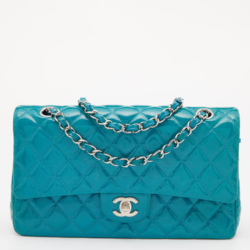 CHANEL Blue Quilted Patent Leather Medium Classic Double Flap Bag