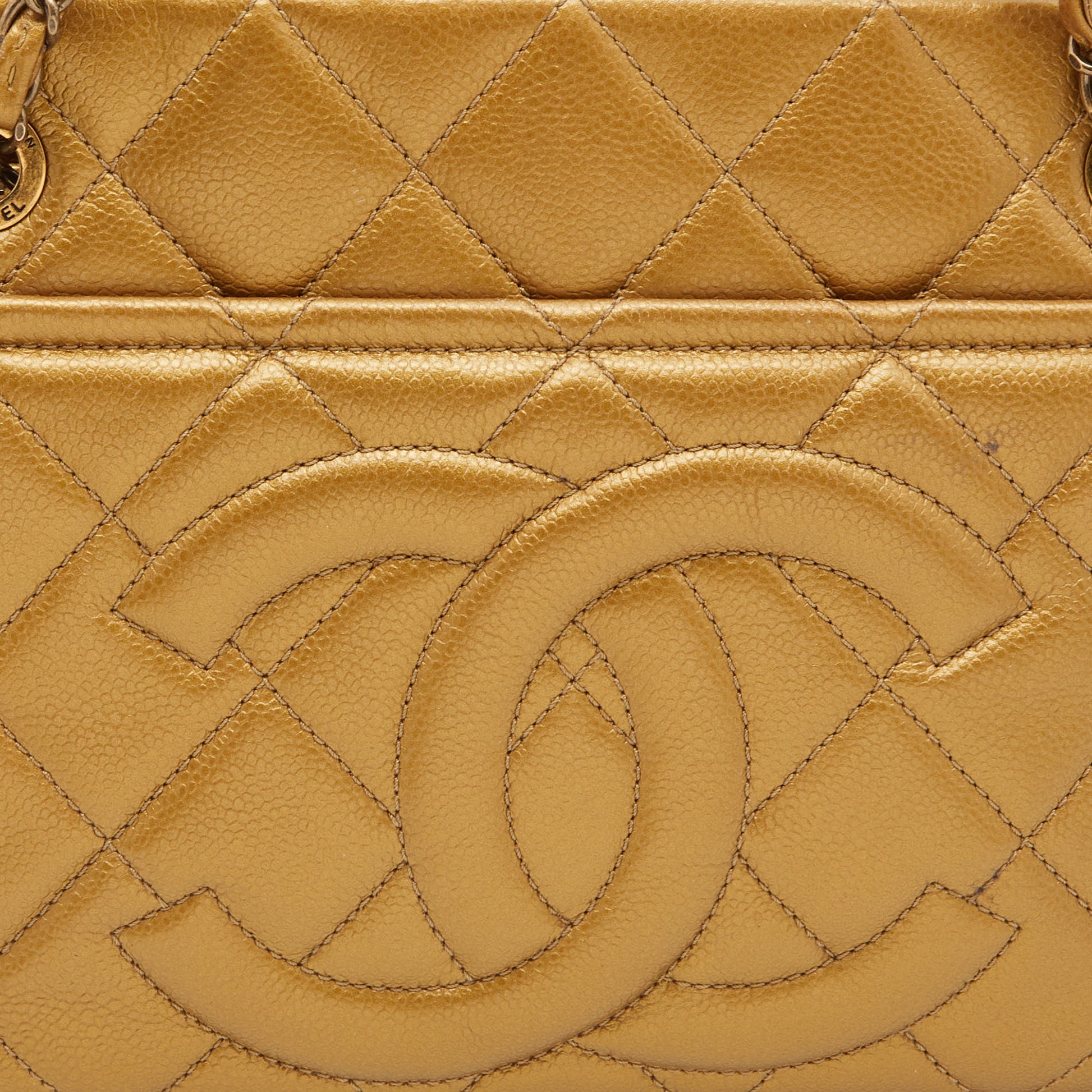 CHANEL Gold Quilted Caviar Soft Leather CC Timeless Chain Tote