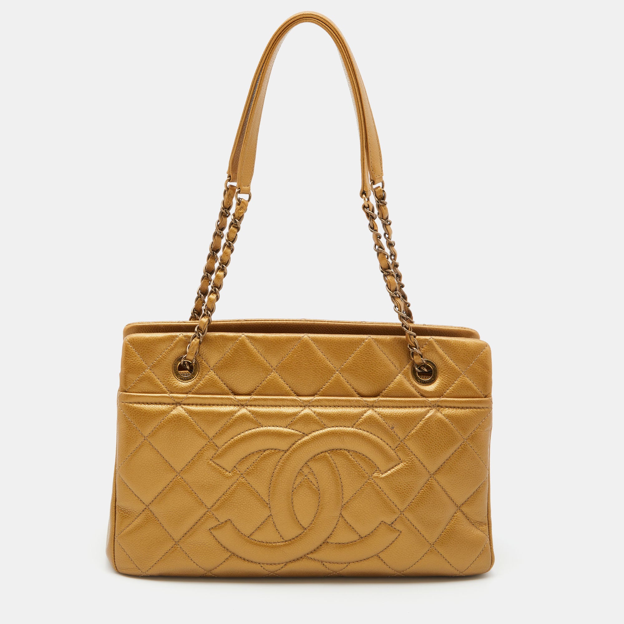 CHANEL Gold Quilted Caviar Soft Leather CC Timeless Chain Tote
