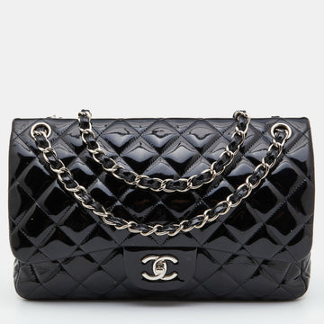 CHANEL Black Quilted Patent Leather Jumbo Classic Double Flap Bag