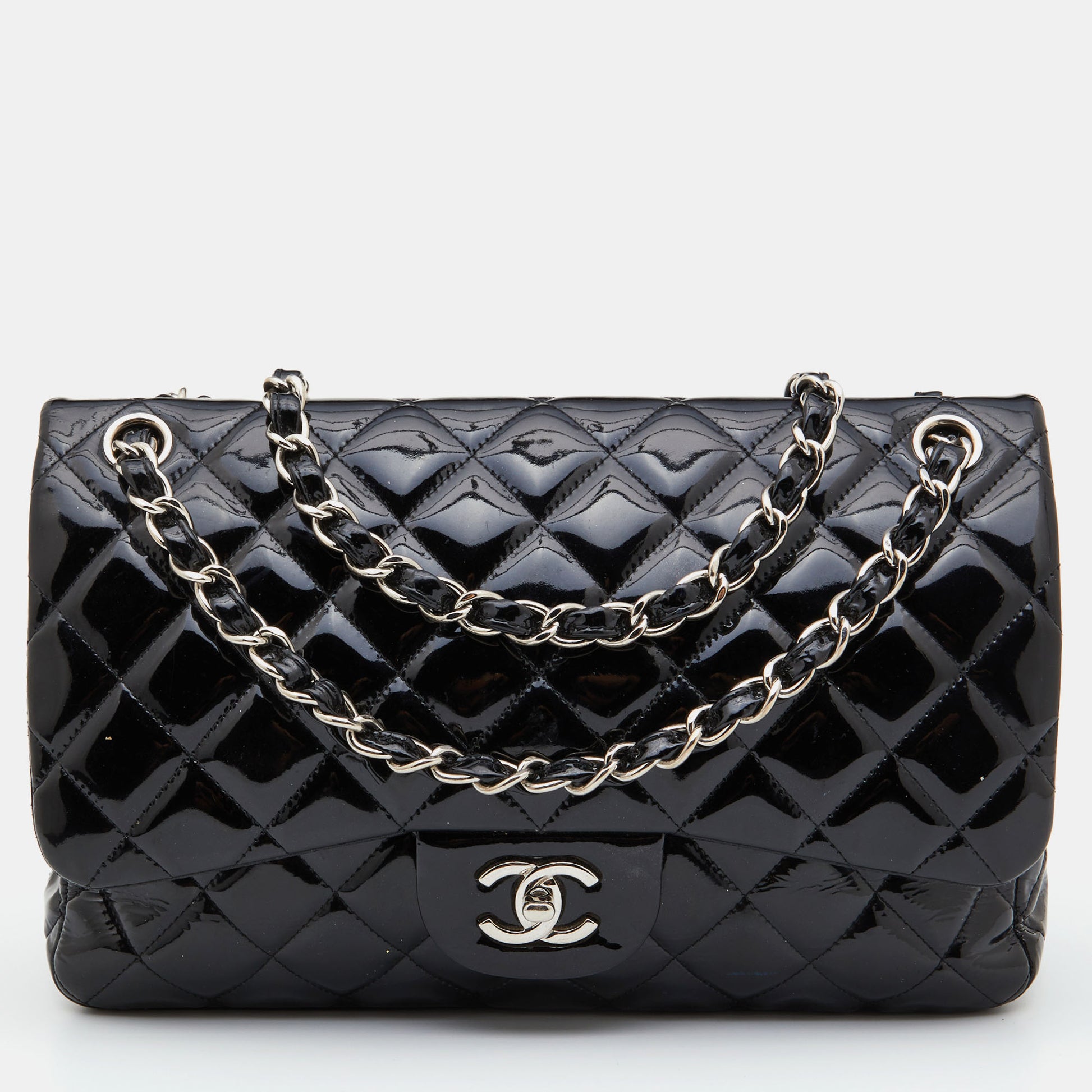 CHANEL Black Quilted Patent Leather Jumbo Classic Double Flap
