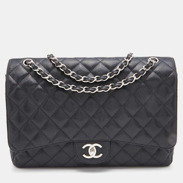 CHANEL Black Quilted Caviar Leather Maxi Classic Double Flap Bag
