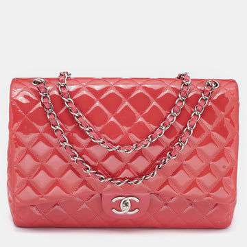 CHANEL Pink Quilted Patent Leather Maxi Classic Double Flap Bag