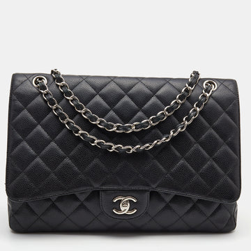CHANEL Black Quilted Caviar Leather Maxi Classic Single Flap Bag