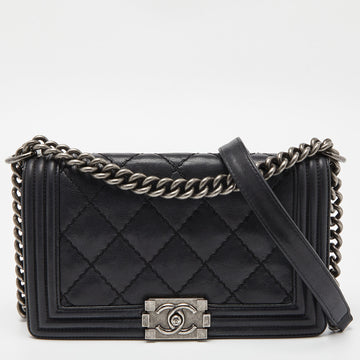 CHANEL Black Quilted Leather Medium Double Stitch Boy Flap Bag