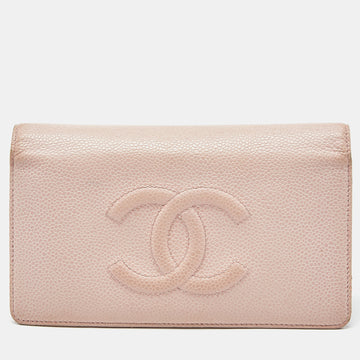 CHANEL Light Pink Caviar Leather CC Bifold Long Wallet