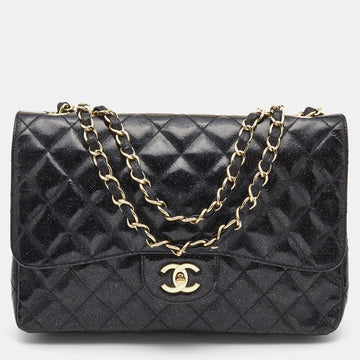 CHANEL Black Quilted Glitter Patent Leather Jumbo Classic Single Flap Bag