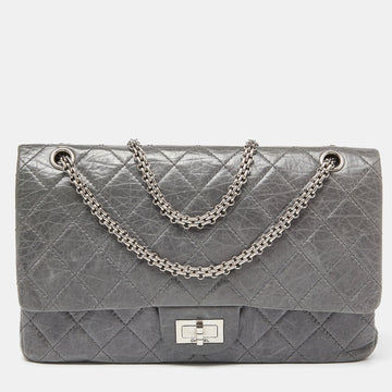 CHANEL Grey Quilted Crinkled Leather Limited Edition 50th Anniversary Reissue 2.55 Classic 227 Double Flap Bag