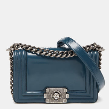 CHANEL Blue Patent Leather Small Boy Bag
