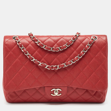 CHANEL Red Caviar Leather Maxi Classic Double Flap Bag