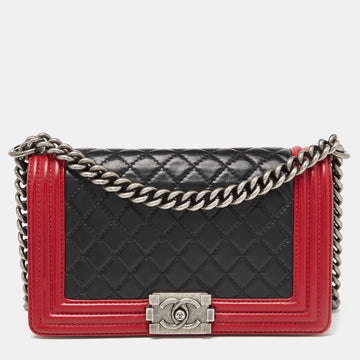 CHANEL Black/Red Quilted Leather Medium Boy Flap Bag