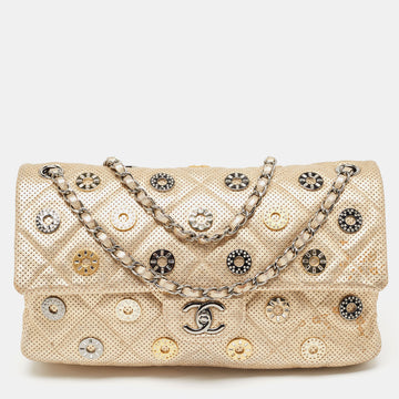 CHANEL Gold Quilted Perforated Leather Embellished East/West Classic Flap Bag