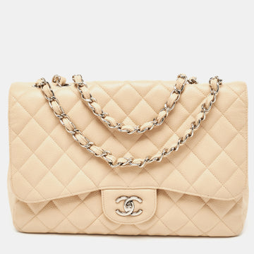 CHANEL Beige Quilted Caviar Leather Jumbo Classic Single Flap Bag