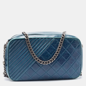 CHANEL Teal Blue Quilted Leather Coco Boy Camera Case Bag