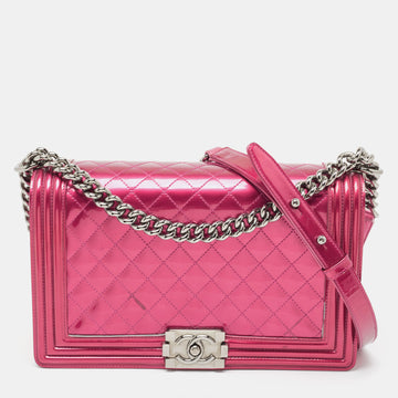 CHANEL Pink Quilted Patent Leather New Medium Boy Flap Bag