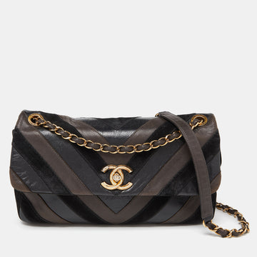 CHANEL Black/Brown Chevron Suede and Leather Flap Bag