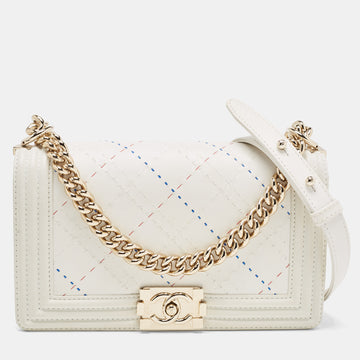 CHANEL White Stitch Quilted Leather Medium Boy Flap Bag