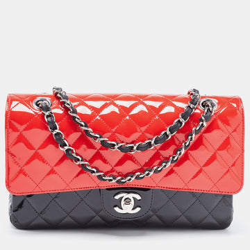 CHANEL Black/Red Quilted Patent and Leather Medium Classic Double Flap Bag