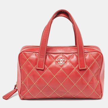 CHANEL Red Quilted Leather Surpique Bowler Bag