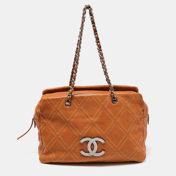 CHANEL Tan Leather Triple Compartment Chain Shoulder Bag