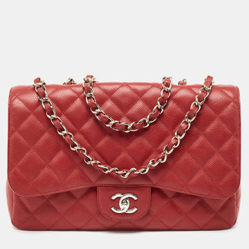 CHANEL Red Quilted Caviar Leather Jumbo Classic Single Flap Bag