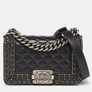 CHANEL Black Quilted Leather Small Boy Chained Flap Bag