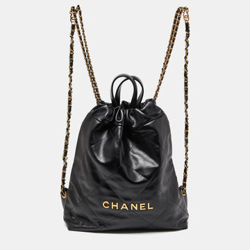 CHANEL Black Shiny Quilted Leather 22 Backpack