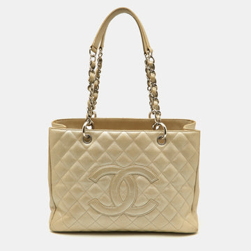 CHANEL Pearl White Quilted Caviar Leather GST Shopper Tote