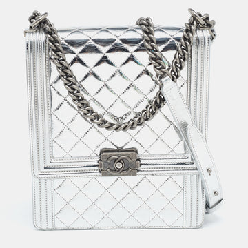 CHANEL Silver Quilted Leather North South Boy Flap Bag