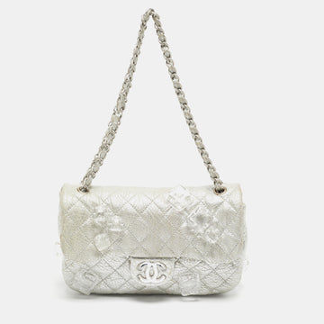 CHANEL Silver Quilted Leather Medium Classic Flap Shoulder Bag