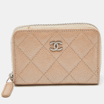 CHANEL Beige Quilted Caviar Leather Zip Around Coin Purse