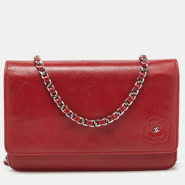 CHANEL Red Leather Camellia Wallet On Chain