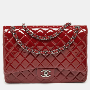 CHANEL Red Quilted Patent Leather Maxi Classic Double Flap Bag