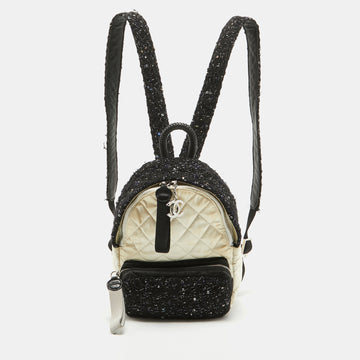 CHANEL Black/Off White Quilted Satin and Tweed Sequins Mini Backpack