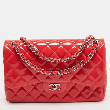 CHANEL Red Quilted Patent Leather Jumbo Classic Double Flap Bag