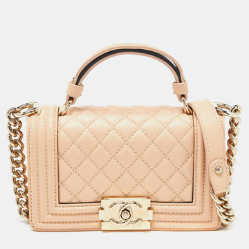 CHANEL Beige Quilted Leather Small Boy Top Handle Bag