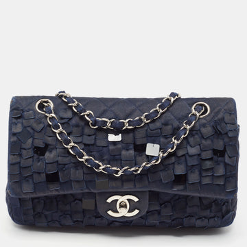 CHANEL Navy Blue Quilted Satin Medium Classic Double Flap Bag