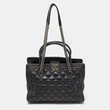 CHANEL Black Quilted Double Stitch Leather Boy Tote