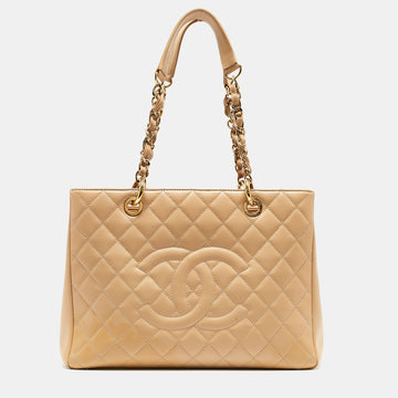 CHANEL Beige Quilted Caviar Leather Grand Shopper Tote