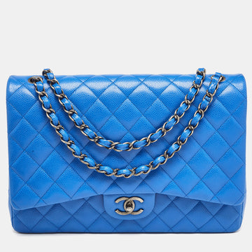 CHANEL Blue Quilted Caviar Leather Maxi Classic Double Flap Bag