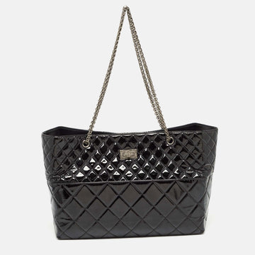 CHANEL Black Quilted Patent Leather Reissue East West Tote