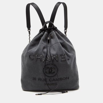 CHANEL Grey/Black Denim and Leather Sequin Embellished Deauville Backpack