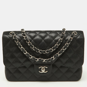 CHANEL Black Quilted Caviar Leather Jumbo Classic Double Flap Bag