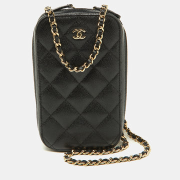 CHANEL Black Quilted Caviar Leather Phone Holder Crossbody Bag