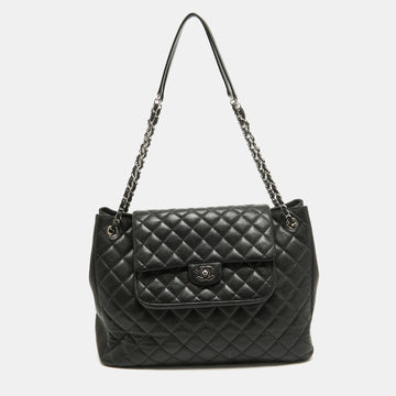 CHANEL Black Quilted Caviar Leather Front Flap Pocket Tote