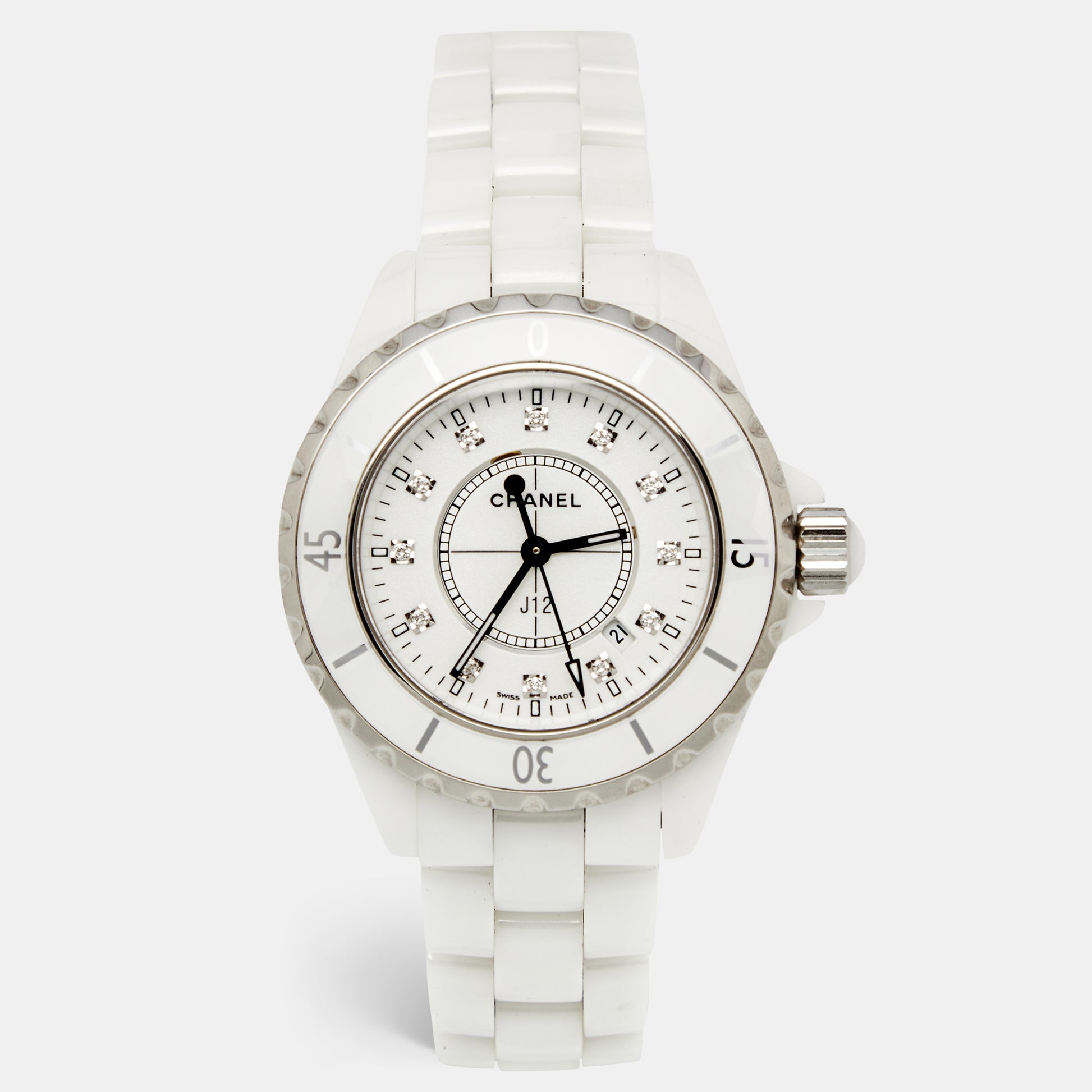 Chanel White Diamond Ceramic J12 H1628 Women's Wristwatch 33 mm