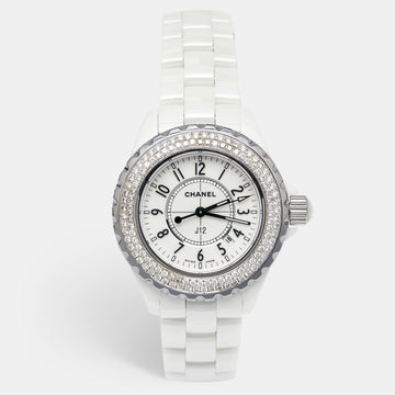 Chanel White Ceramic Stainless Steel Diamond J12 Women's Wristwatch 33 mm