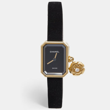 CHANEL Black 18k Yellow Gold Diamond Rubber Premire Extrait De Camelia H6361 Women's Wristwatch 15.2 x 19.7 mm