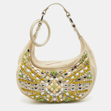 Chloe Cream Canvas and Leather Crystal Embellished Crescent Hobo